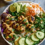 Four meal prep containers filled with chicken satay, rice noodles, red cabbage, and julienned cucumbers