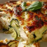 A golden brown Chicken Zucchini Bake topped with melted mozzarella and parmesan cheese in a glass baking dish.