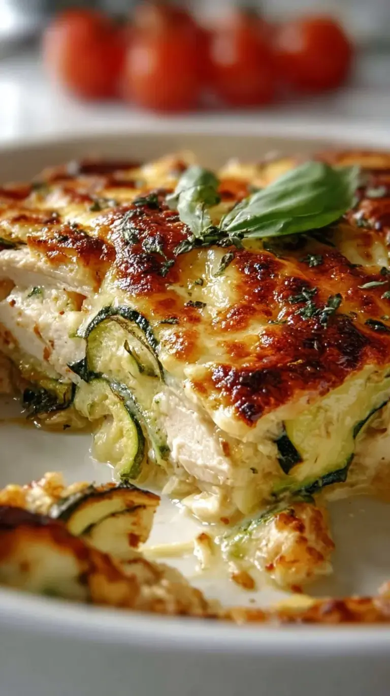 A golden brown Chicken Zucchini Bake topped with melted mozzarella and parmesan cheese in a glass baking dish.