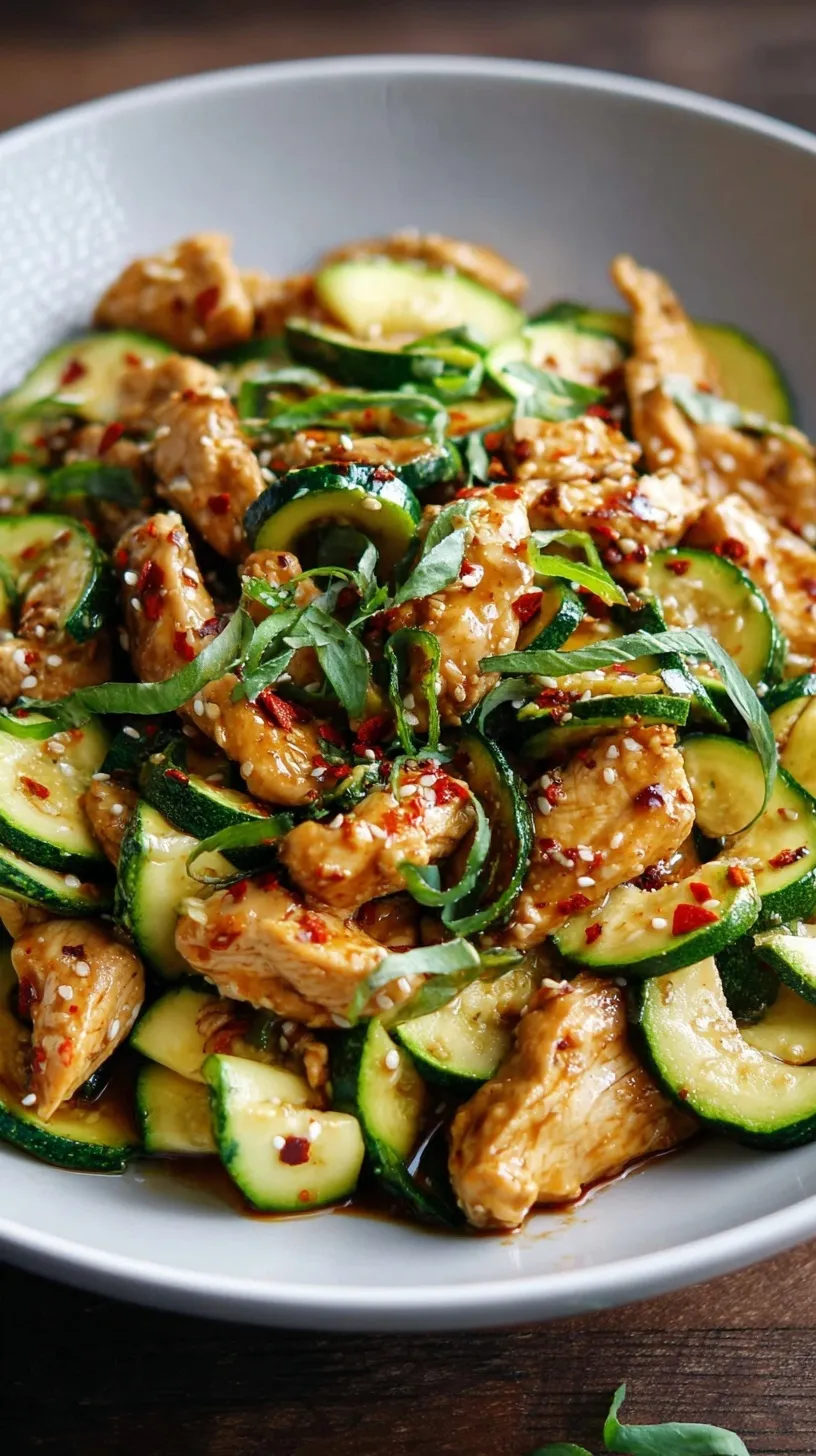 A colorful chicken zucchini stir fry with a savory glaze in a black skillet