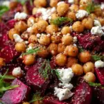 A vibrant Chickpea Beet and Feta Salad in a white bowl with fresh spinach and pumpkin seeds.