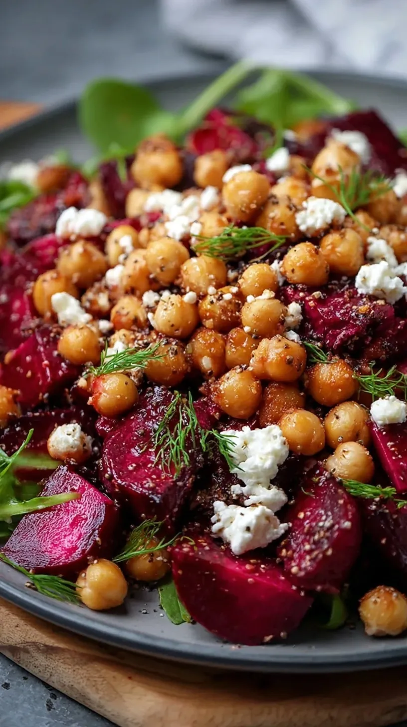 A vibrant Chickpea Beet and Feta Salad in a white bowl with fresh spinach and pumpkin seeds.