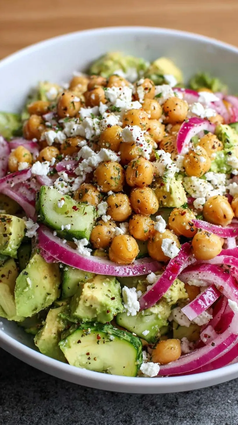 A bright bowl of Chickpea Feta Avocado Salad with fresh herbs and lemon dressing