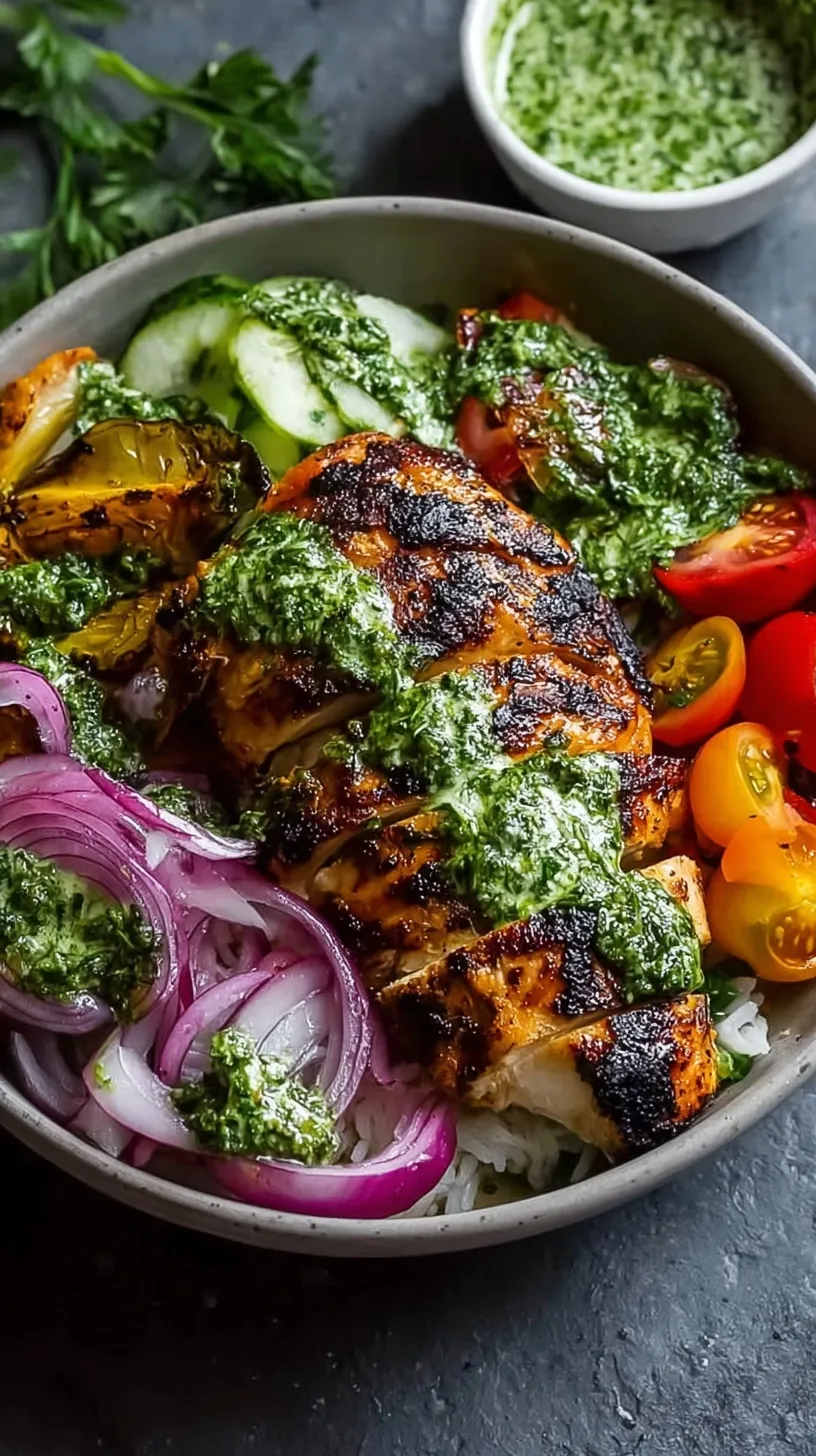 A vibrant Chimichurri Grilled Chicken Bowl with sliced grilled chicken, fresh avocado, and tomatoes over rice.