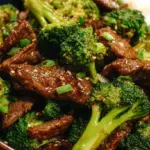 Tender slices of beef and bright green broccoli florets in a glossy brown sauce