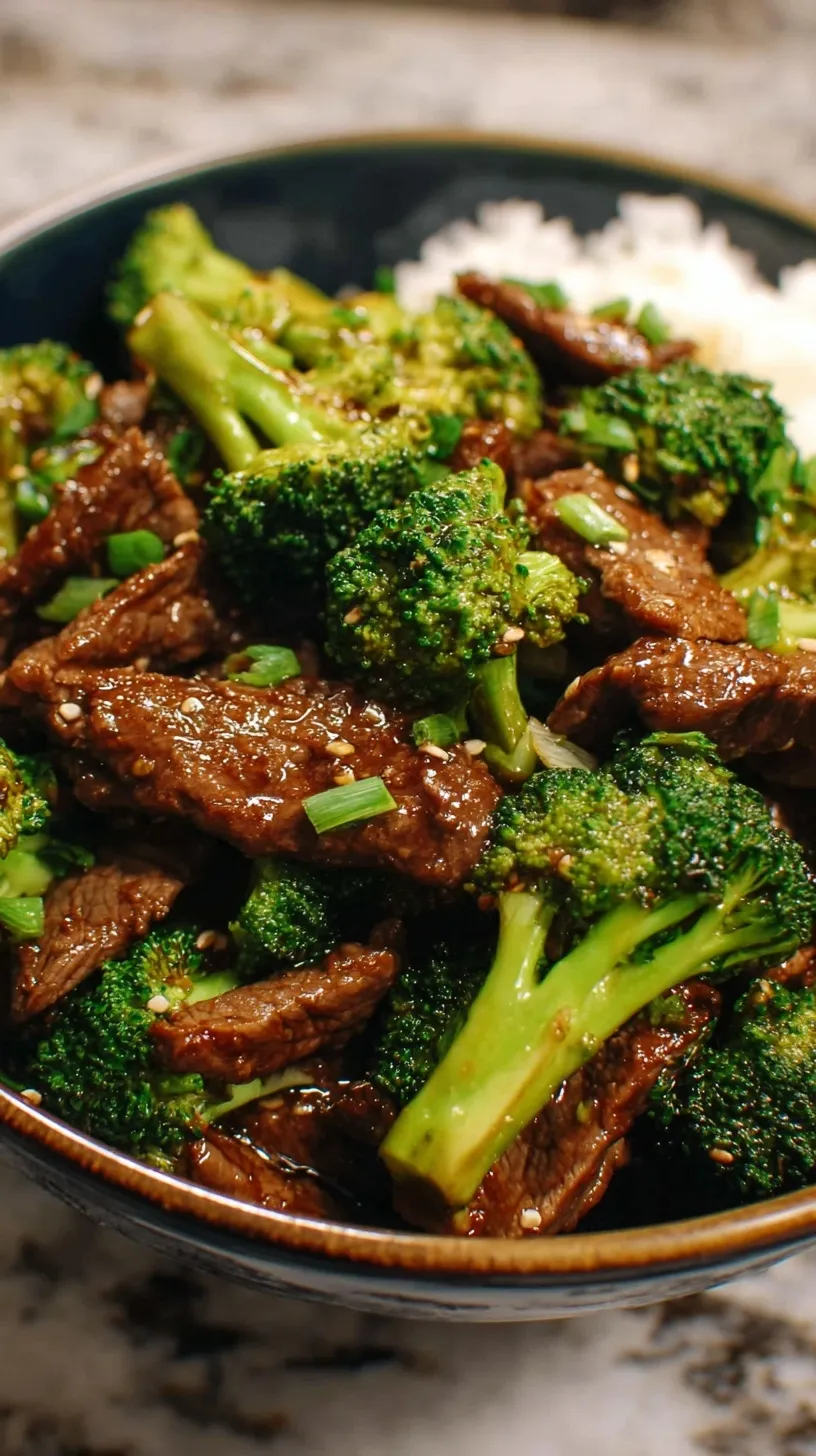 Tender slices of beef and bright green broccoli florets in a glossy brown sauce