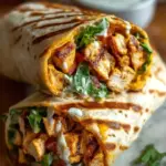 A golden-brown grilled chicken burrito sliced in half showing rice, beans, and creamy sauce