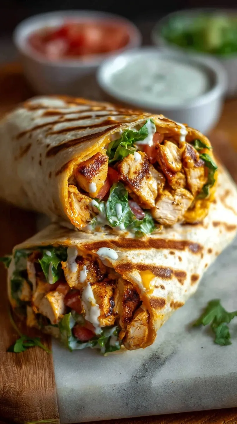 A golden-brown grilled chicken burrito sliced in half showing rice, beans, and creamy sauce