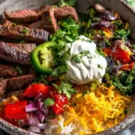 A colorful bowl featuring sliced chipotle steak, cilantro lime rice, black beans, corn, and avocado.