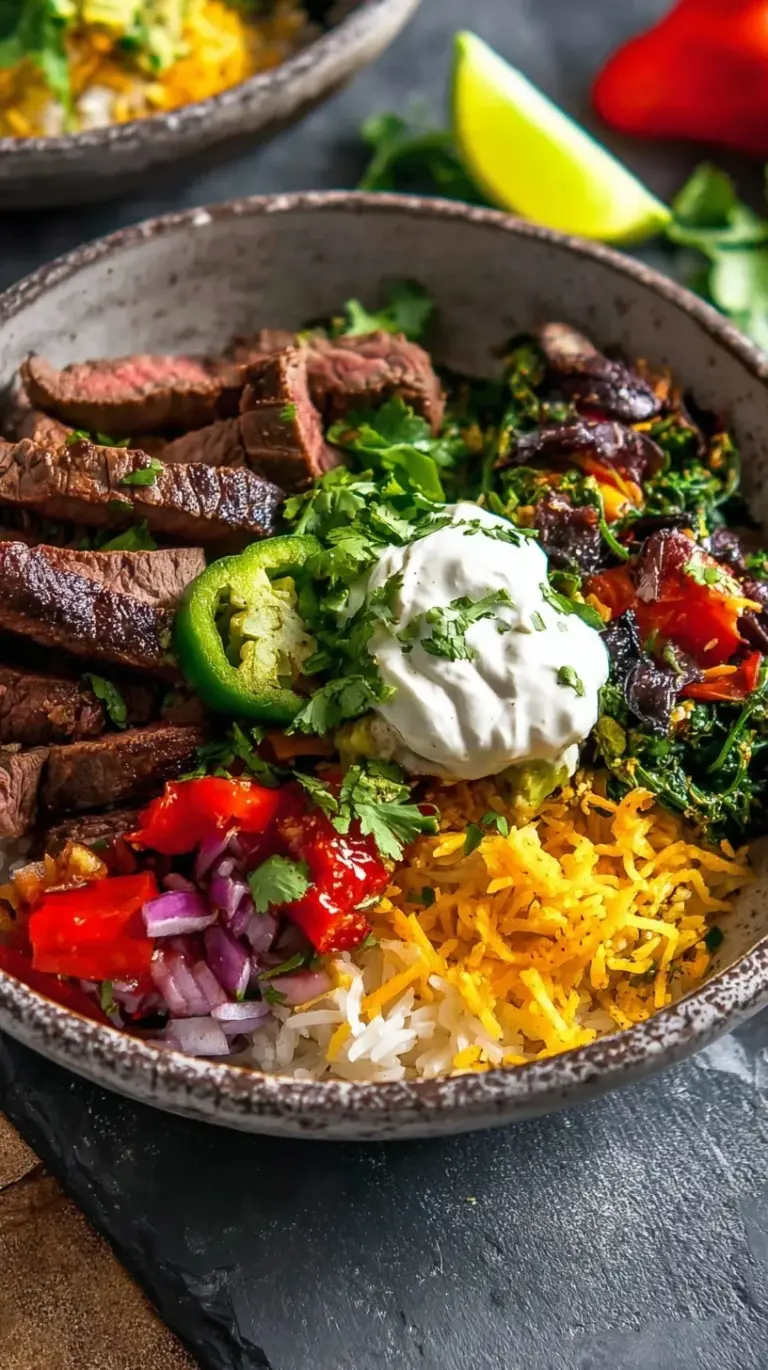 A colorful bowl featuring sliced chipotle steak, cilantro lime rice, black beans, corn, and avocado.