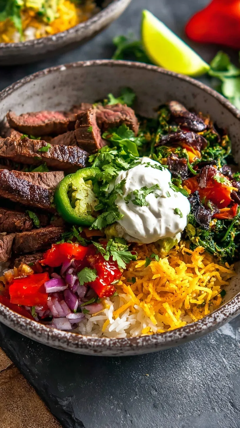 A colorful bowl featuring sliced chipotle steak, cilantro lime rice, black beans, corn, and avocado.