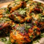 Pan-seared cilantro lime chicken thighs garnished with fresh lime slices and chopped cilantro in a skillet