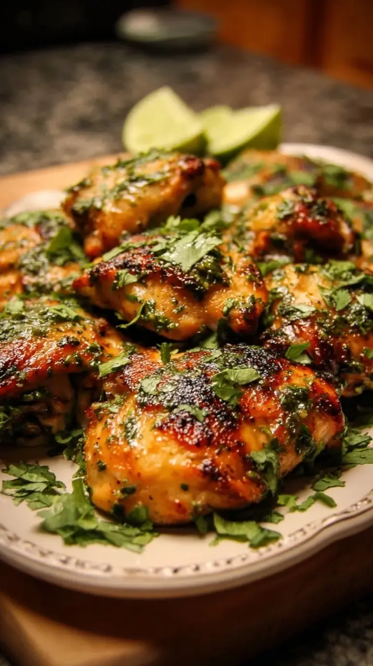Pan-seared cilantro lime chicken thighs garnished with fresh lime slices and chopped cilantro in a skillet