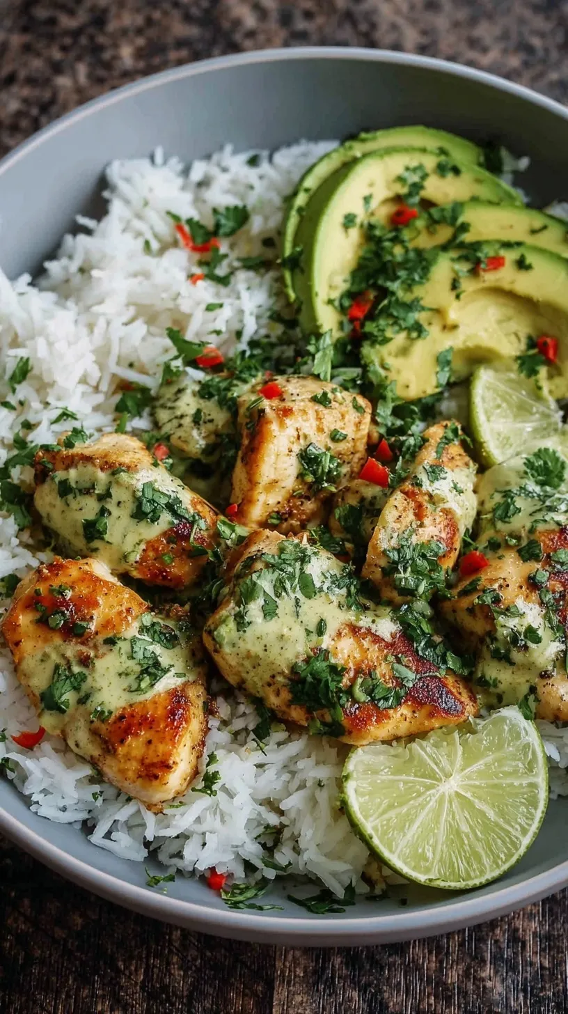Sliced cilantro lime chicken breast over jasmine rice with fresh avocado slices