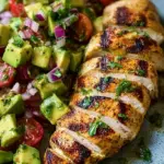 Golden seared chicken breast topped with fresh green avocado salsa and lime wedges