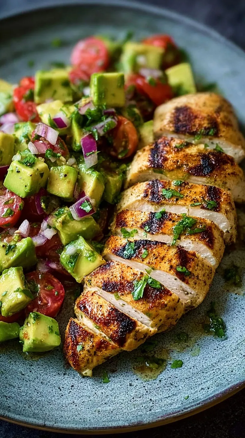 Golden seared chicken breast topped with fresh green avocado salsa and lime wedges