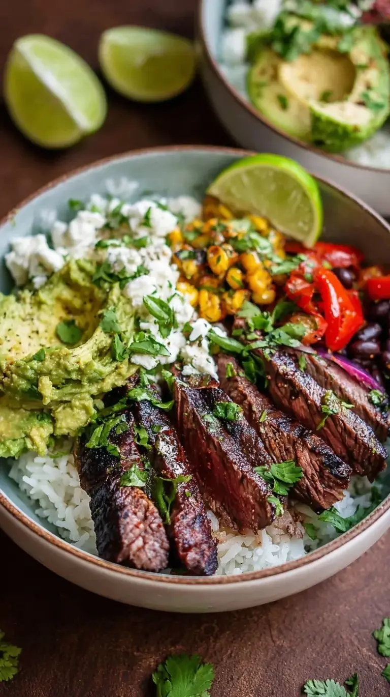 A vibrant bowl with sliced steak, cilantro lime rice, black beans, and roasted corn.