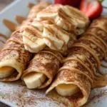A stack of thin crepes with a cinnamon swirl and creamy white glaze on a white plate.