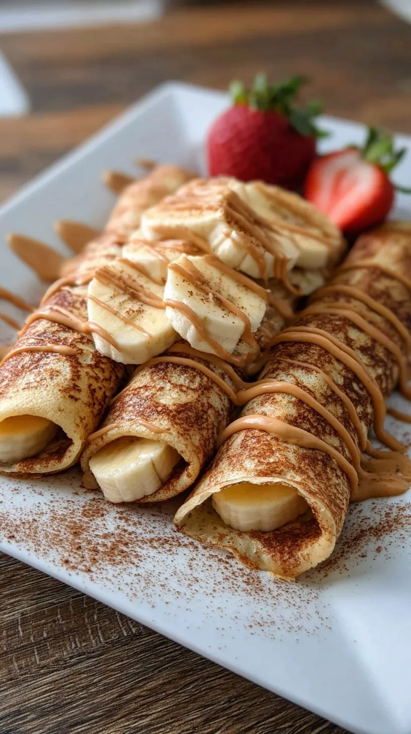 A stack of thin crepes with a cinnamon swirl and creamy white glaze on a white plate.
