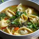 A bowl of creamy Thai Potsticker Soup topped with fresh cilantro and green onions