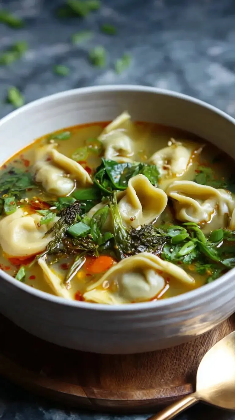 A bowl of creamy Thai Potsticker Soup topped with fresh cilantro and green onions