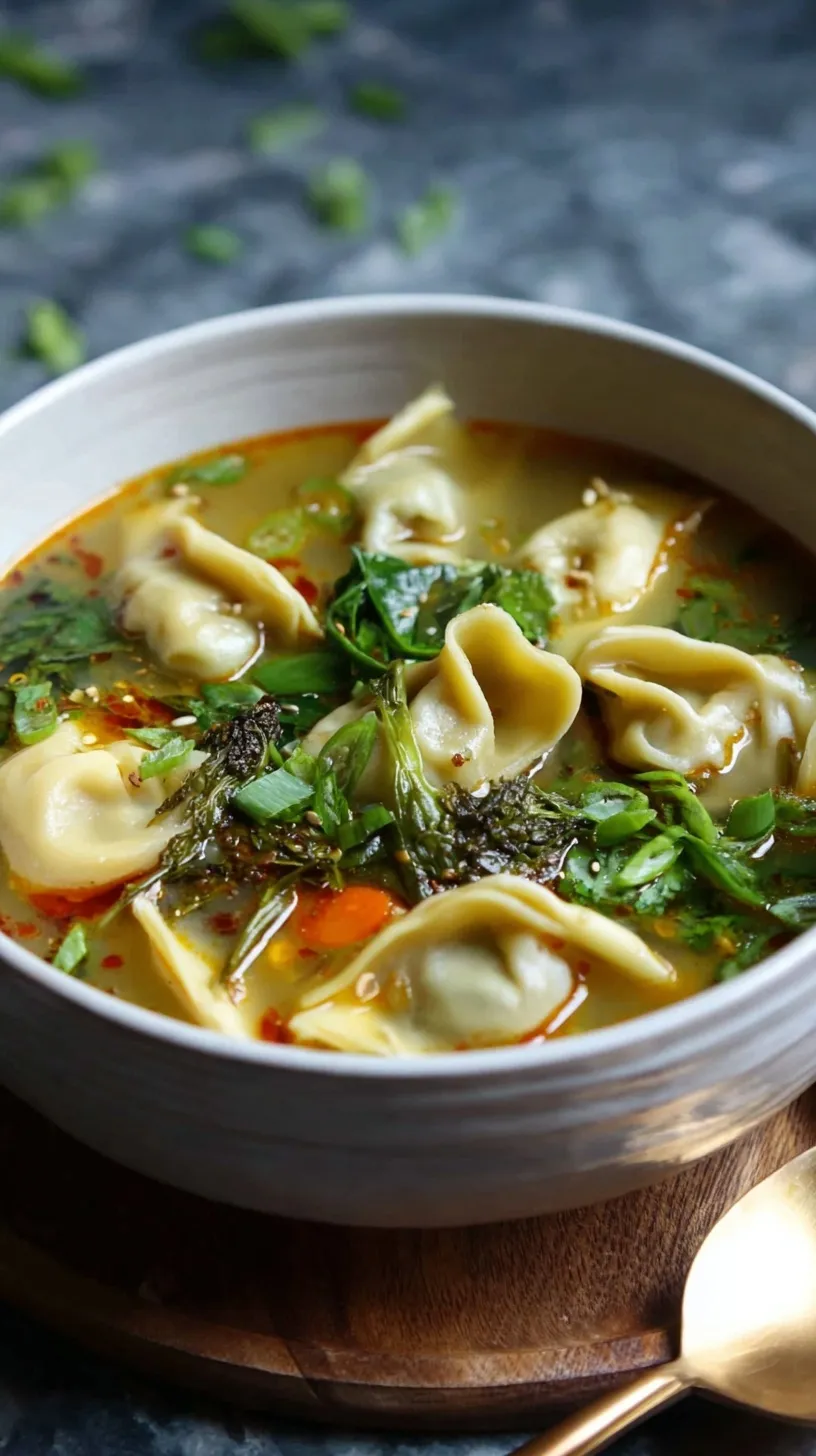 A bowl of creamy Thai Potsticker Soup topped with fresh cilantro and green onions