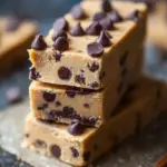 A stack of homemade chocolate chip cookie dough protein bars on parchment paper.