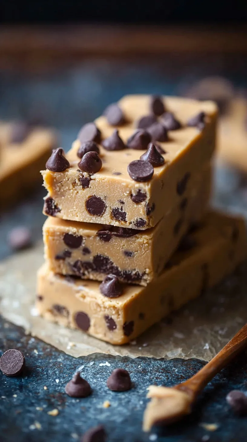 A stack of homemade chocolate chip cookie dough protein bars on parchment paper.