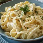 A bowl of creamy high-protein cottage cheese alfredo pasta topped with fresh herbs.