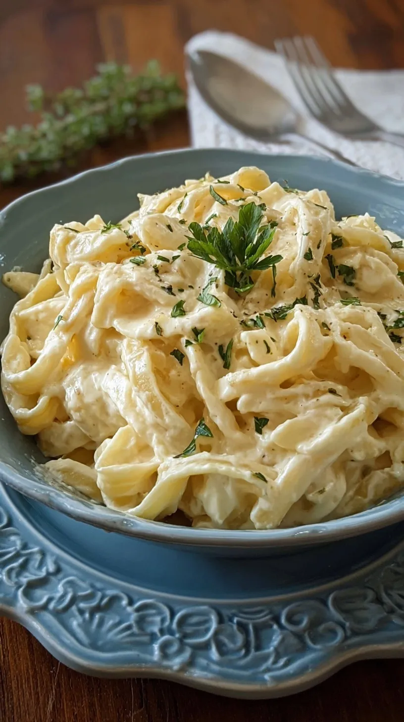 A bowl of creamy high-protein cottage cheese alfredo pasta topped with fresh herbs.