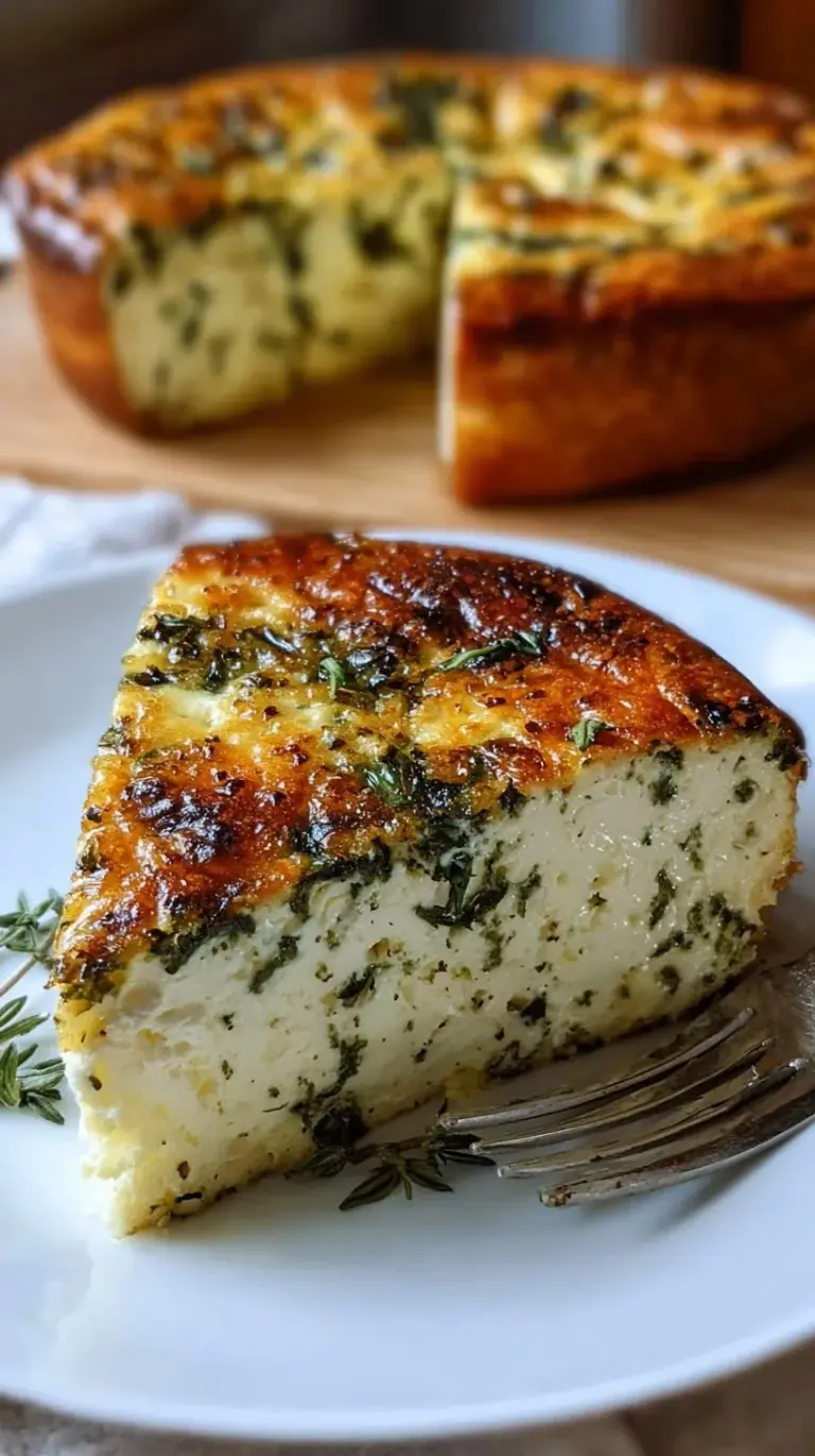 A golden brown spinach crustless quiche served in a white ceramic pie dish.