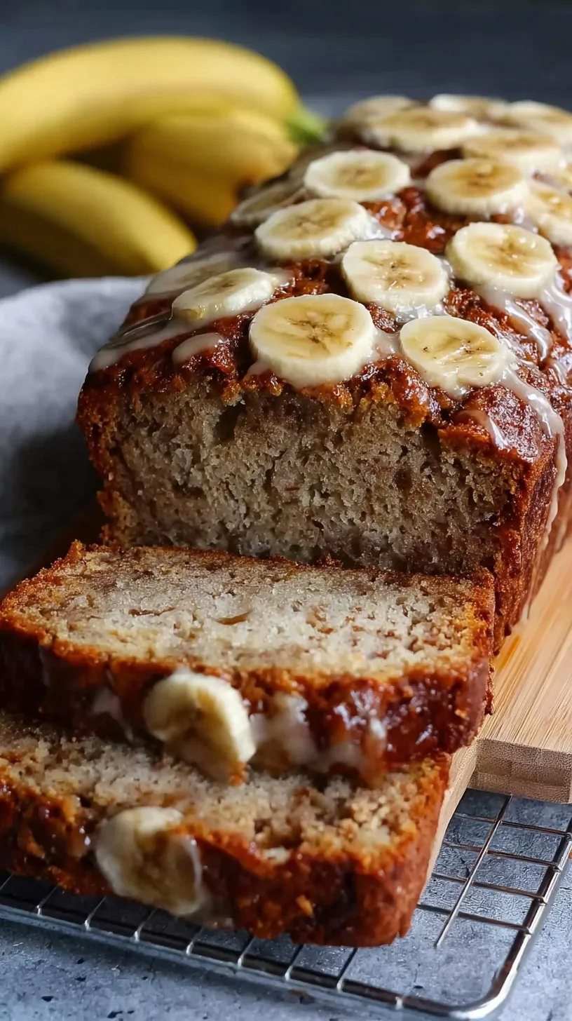 A golden loaf of high protein banana bread sliced on a wooden board
