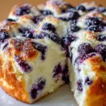 Six mounds of golden blueberry cloud bread on a baking sheet