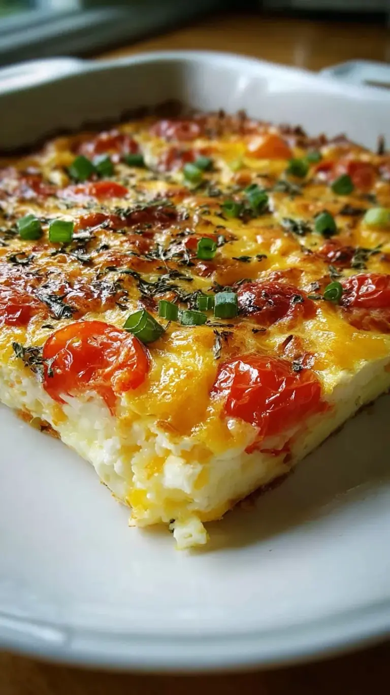 A golden brown Cottage Cheese Egg Bake with fresh spinach and melted cheddar cheese in a square baking dish.