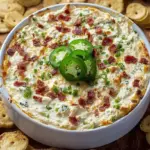 A golden brown baked cottage cheese jalapeño popper dip in a white dish with bacon bits and melted cheese.