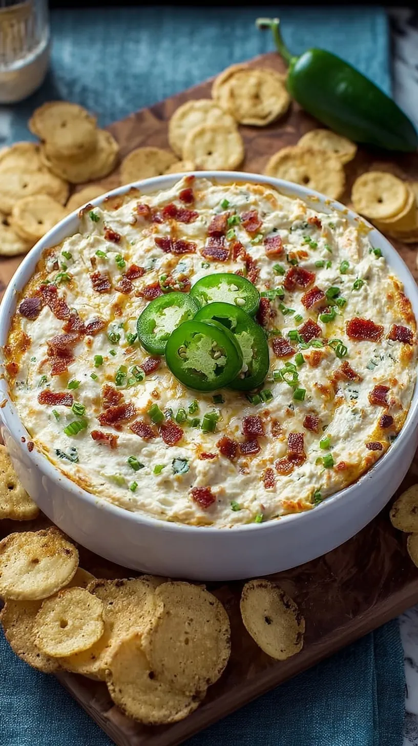 A golden brown baked cottage cheese jalapeño popper dip in a white dish with bacon bits and melted cheese.