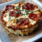 A creamy cottage cheese pizza bowl topped with melted mozzarella and turkey pepperoni.