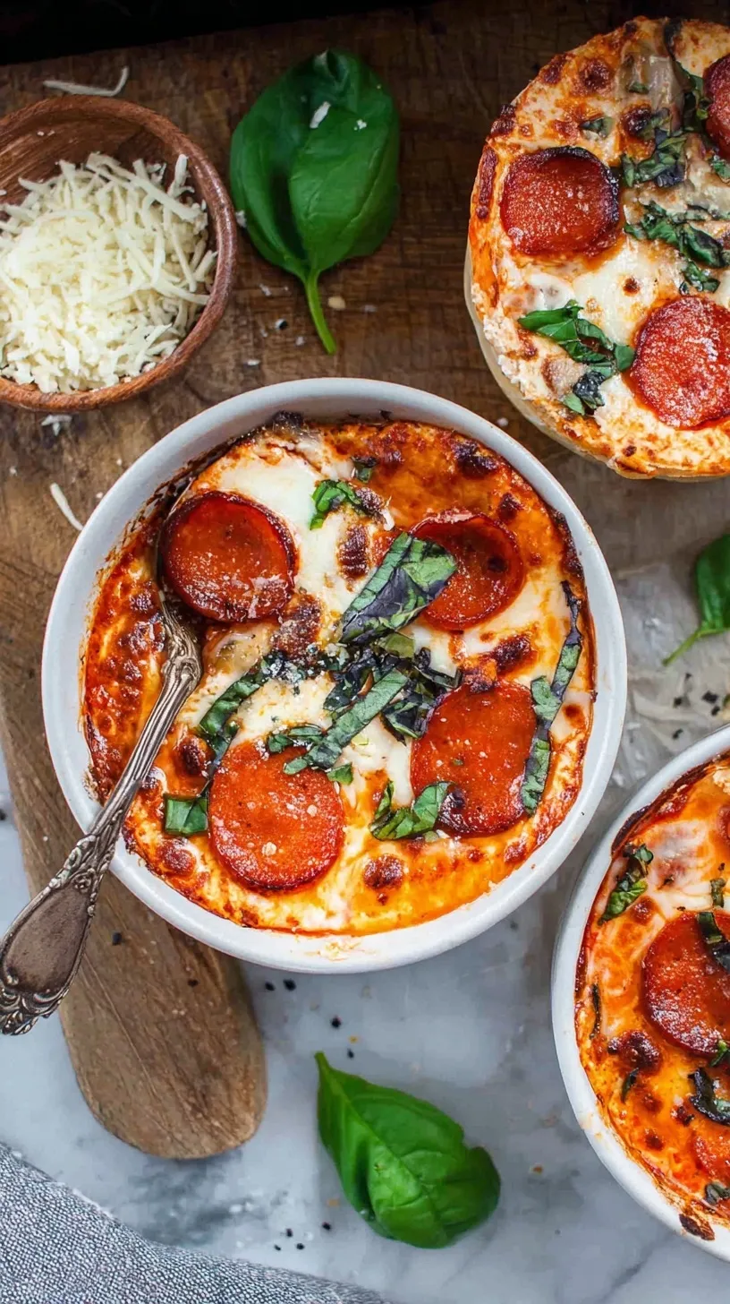 A microwave-safe bowl with melted mozzarella, pepperoni, and marinara over creamy cottage cheese.