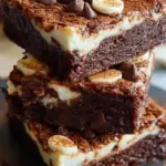 A stack of fudgy chocolate brownies made with cottage cheese and dark chocolate chips on a cooling rack.