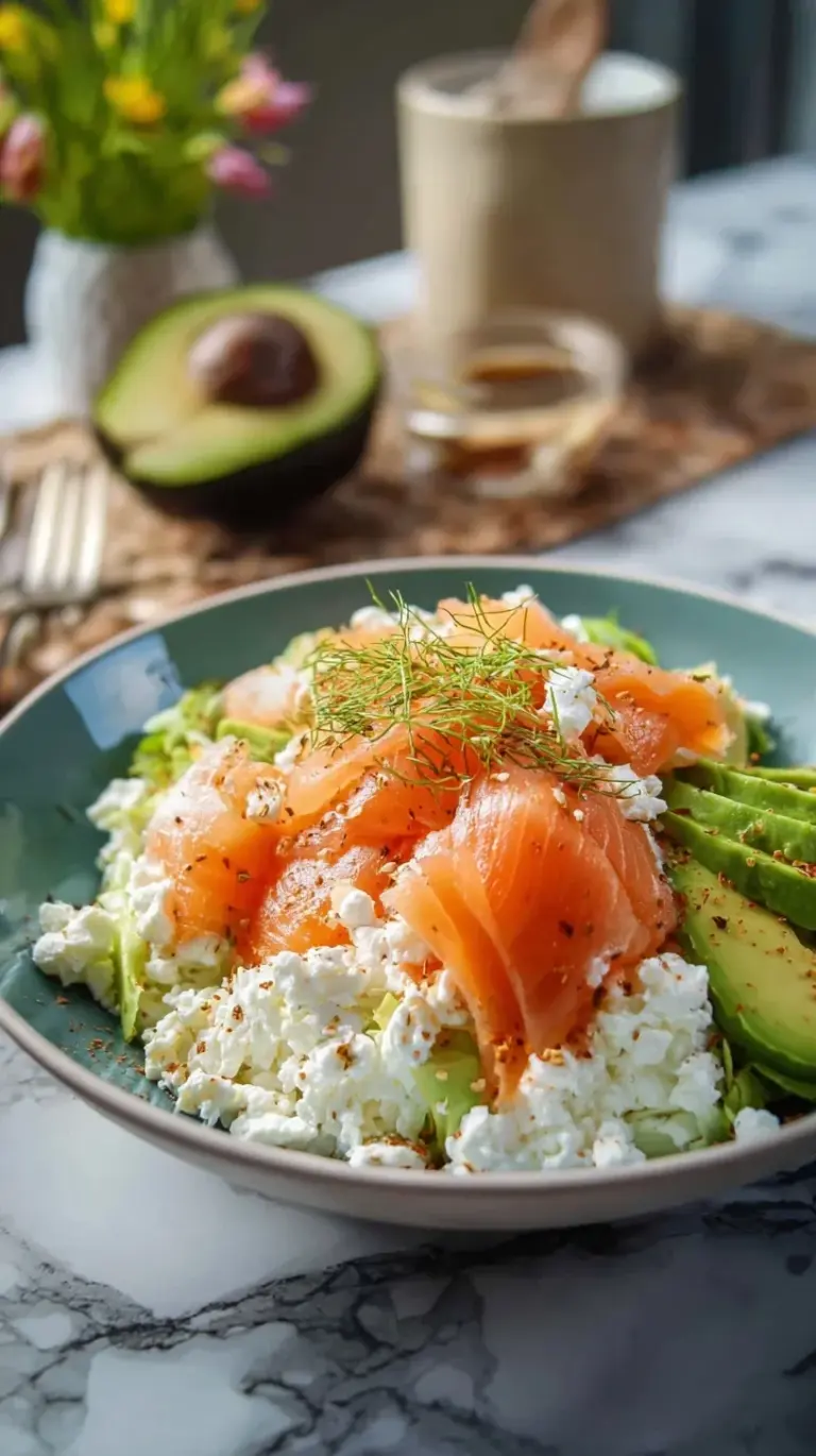 A bowl of creamy cottage cheese salad topped with smoked salmon, avocado, and fresh herbs.
