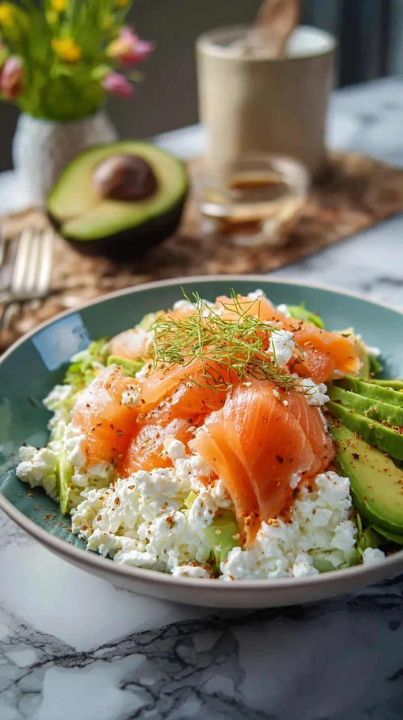 A bowl of creamy cottage cheese salad topped with smoked salmon, avocado, and fresh herbs.