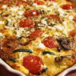 A golden brown cottage cheese veggie bake in a glass dish with melted cheddar cheese on top.