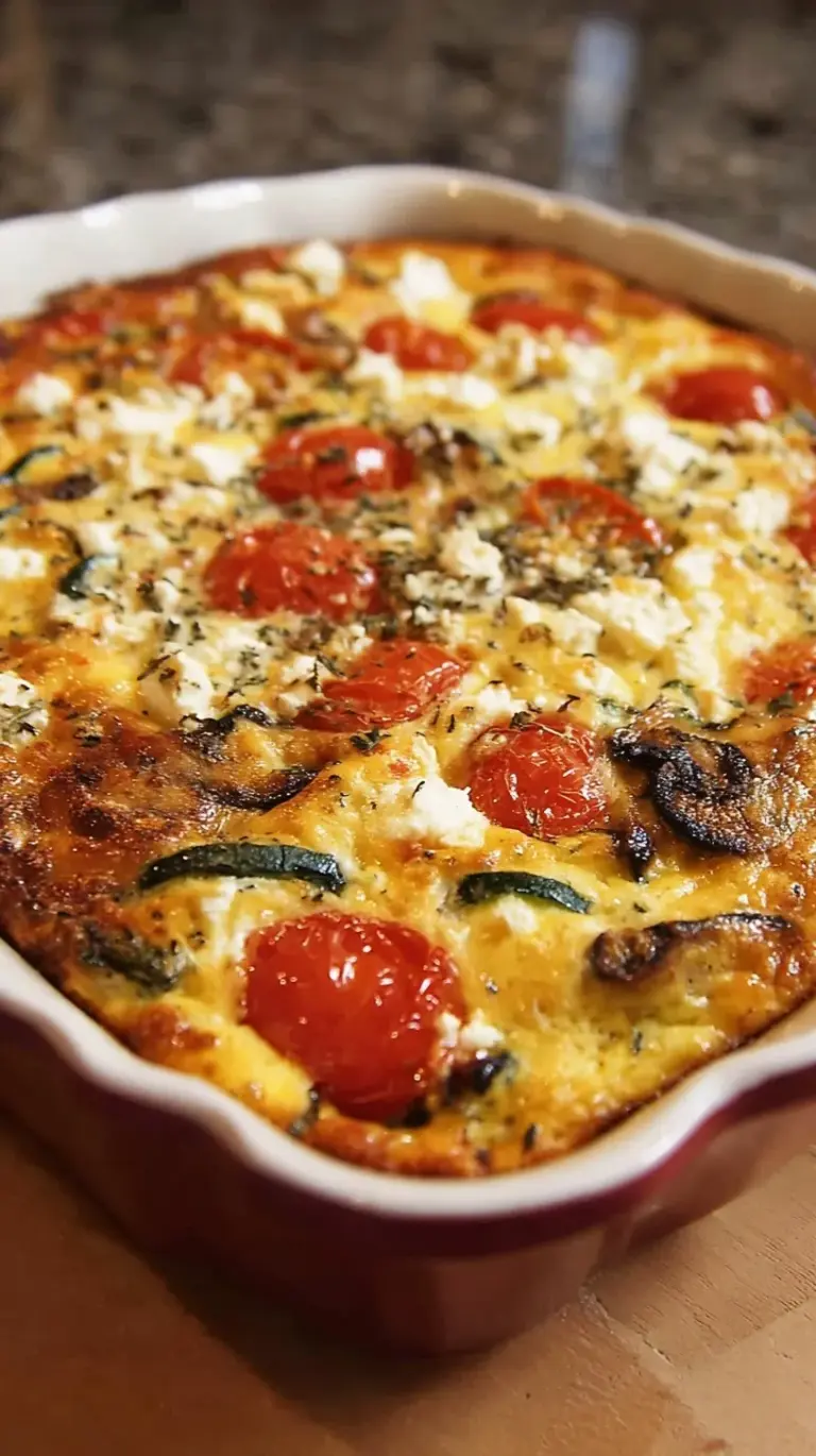A golden brown cottage cheese veggie bake in a glass dish with melted cheddar cheese on top.