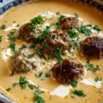 A steaming bowl of creamy Swedish meatball soup with egg noodles and fresh dill.