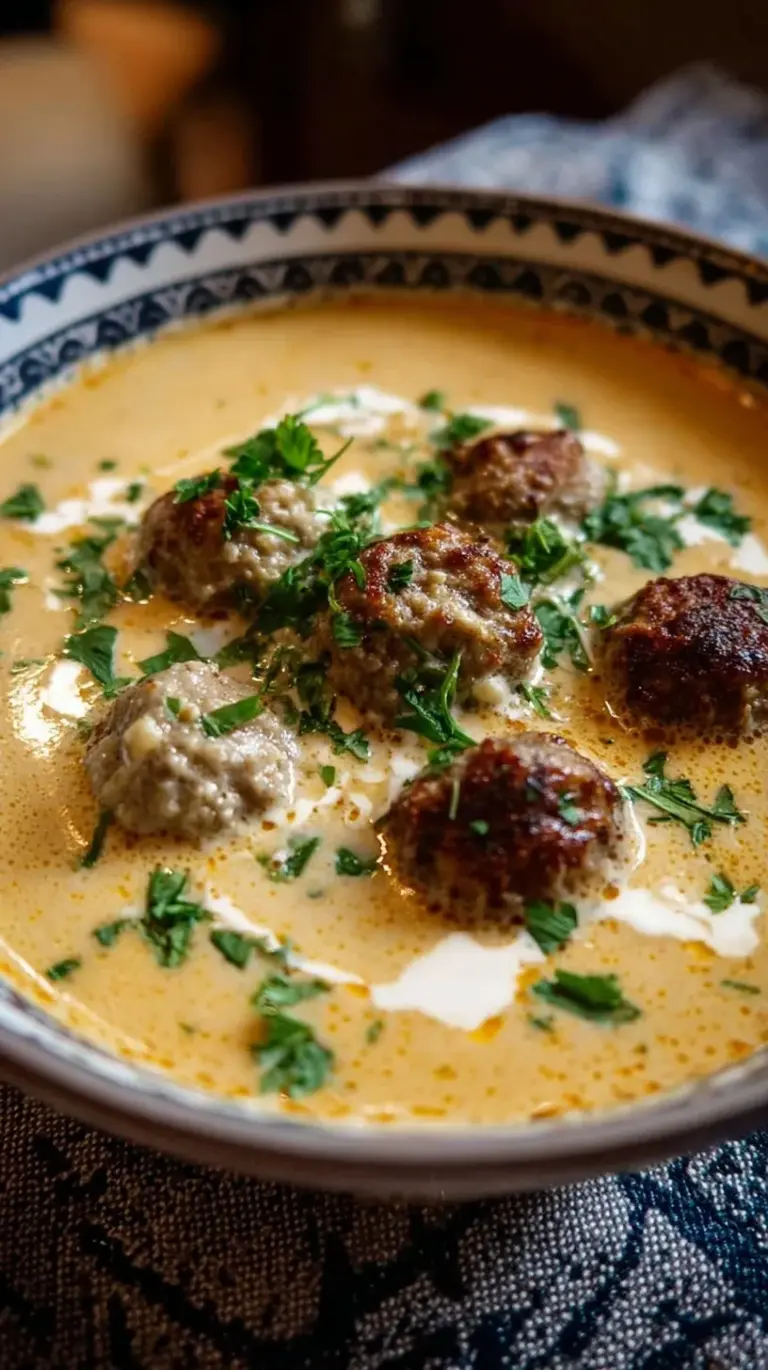 A steaming bowl of creamy Swedish meatball soup with egg noodles and fresh dill.