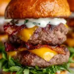 Juicy beef burger patty with melted cheese and bacon on a toasted brioche bun