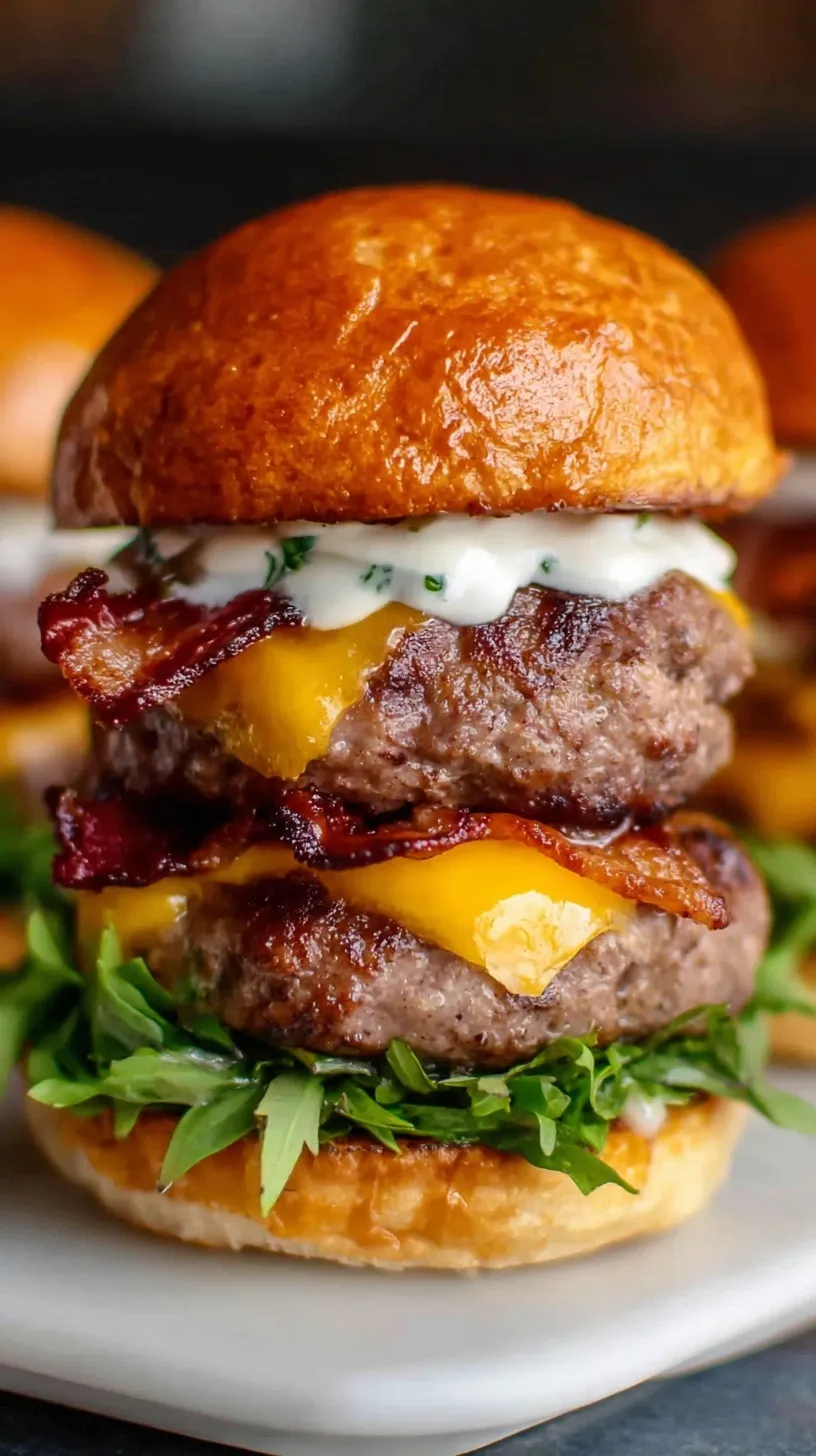 Juicy beef burger patty with melted cheese and bacon on a toasted brioche bun