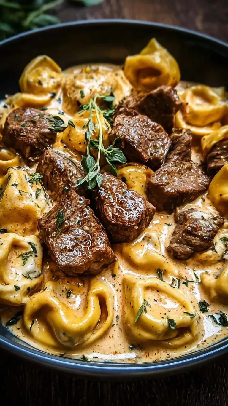 A skillet of golden seared steak cubes and cheese tortellini in a creamy garlic sauce with fresh spinach.