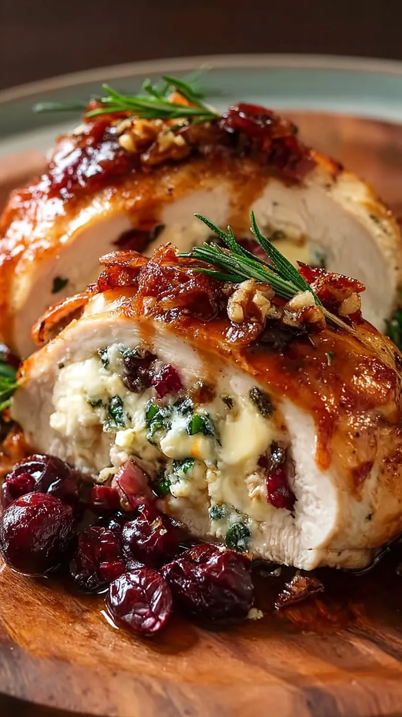 Golden pan-seared chicken breast stuffed with melted brie cheese and red cranberries