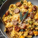 A bowl of penne pasta with browned sausage, golden butternut squash, and a creamy sage sauce.